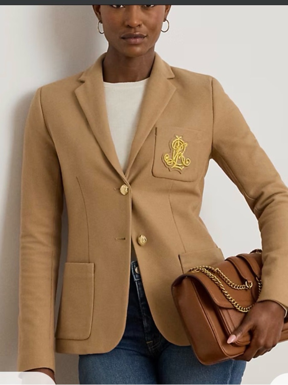 Ralph Lauren Camel Blazer with Gold Crest Embroidery